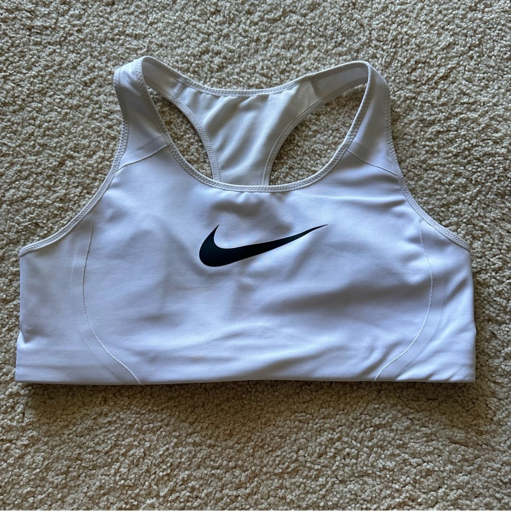 Nike Dri Fit White Sports Bra with Black Swish in Middle | Imperfect but Good L